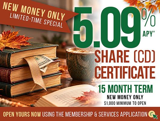 Library of Congress FCU Share (CD) Certificate of Deposit limited time special - 5.09% APY* with 15 month term, $1,000 to open -- open yours